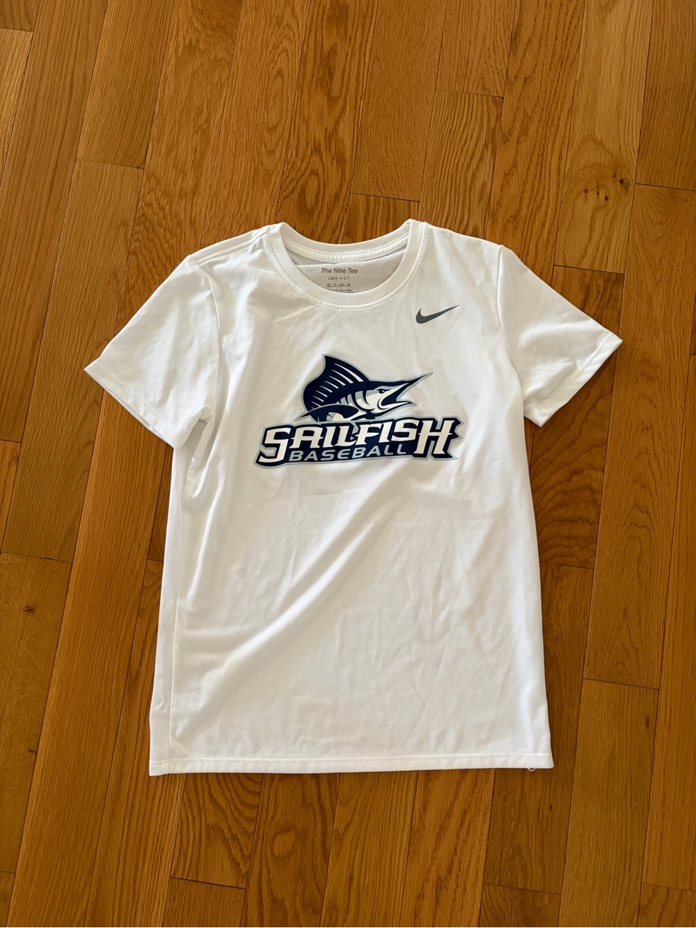 Nike White Short Sleeve Tee with Navy Sailfish Baseball Logo